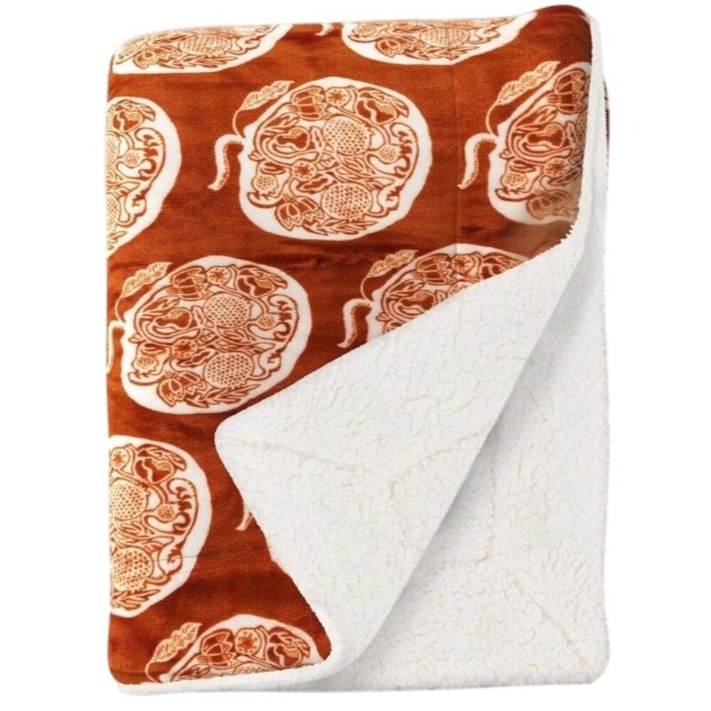 Threshold Pumpkin Printed Orange & White Sherpa Fleece Throw Blanket 60" X 50"